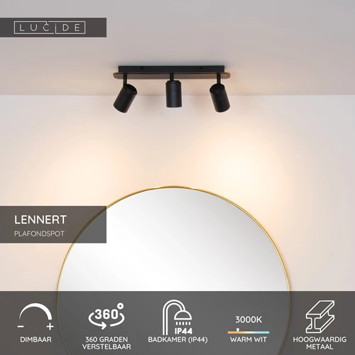 Lucide LENNERT - Plafondspot Badkamer - LED Dimb. - GU10 - 3x5W 3000K - IP44 - Zwart - USP